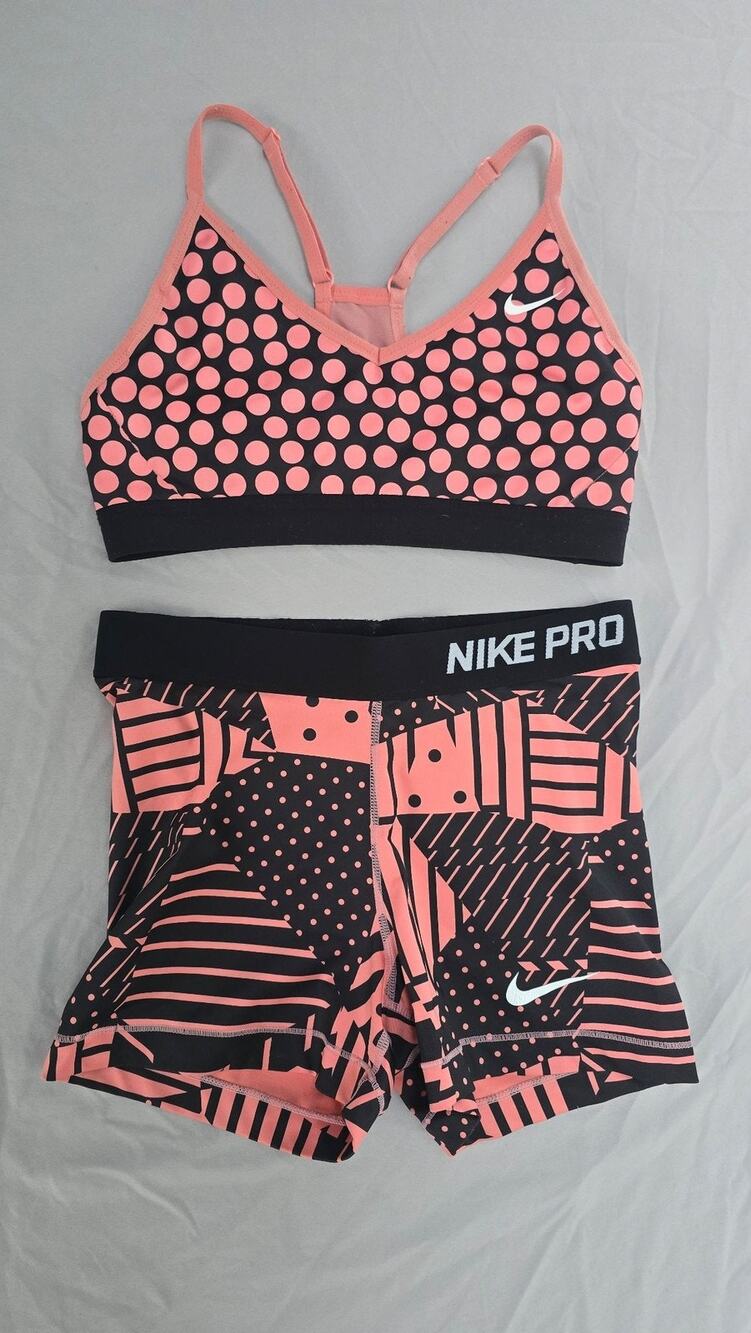 Nike Pro Dri-FIT Set Girls Medium Pink Polka Dot Sports Bra Shorts 2 Piece